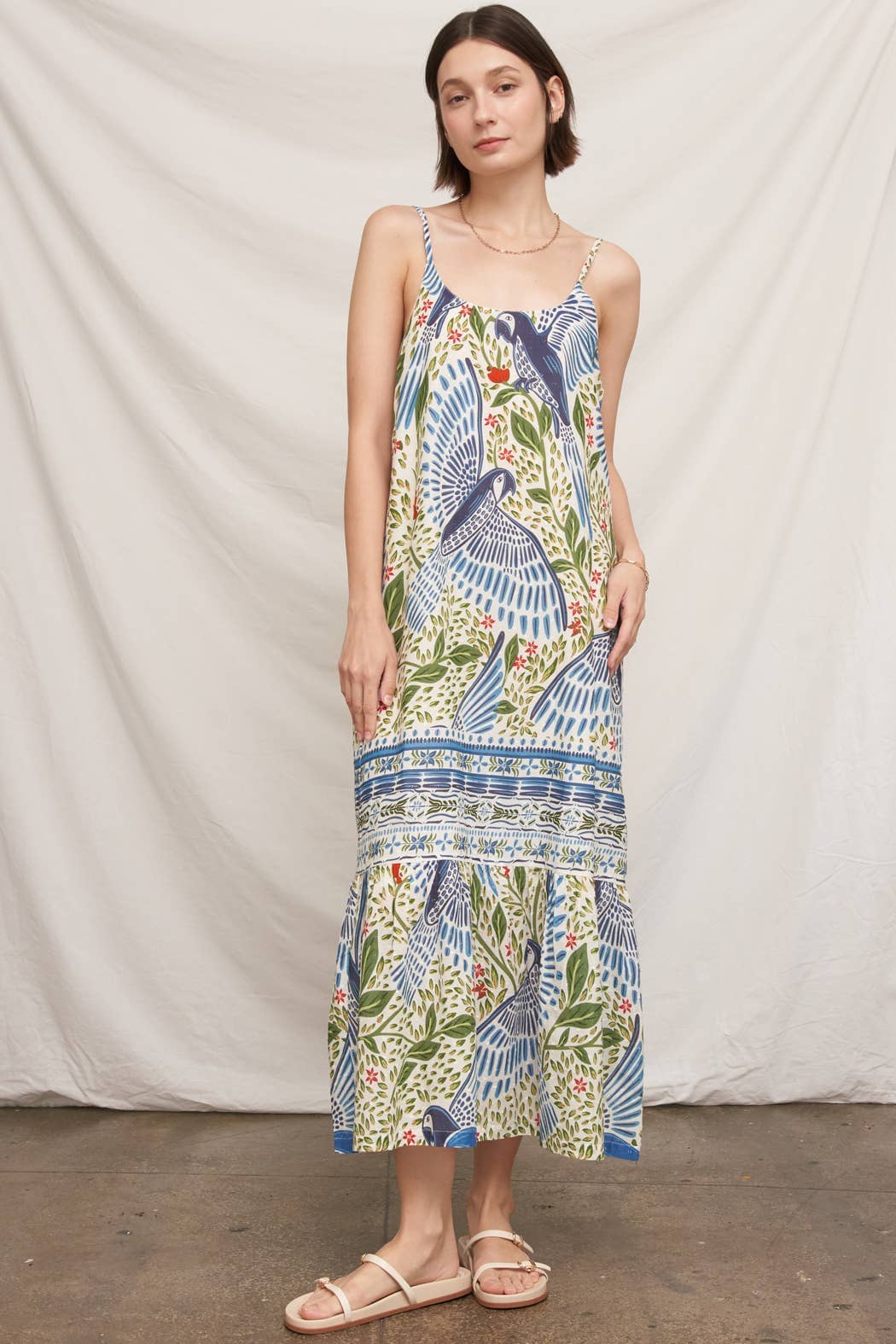 textured sleeveless maxi dress Printed Ivory Blue Multi / M down front and figure Color:INDIGO BLUE Season: SPRING 23 Navy Blue Dresses For