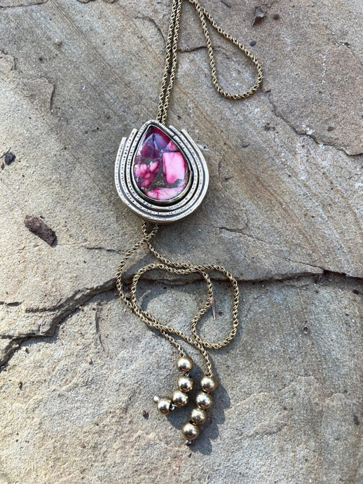 Red Copper Turquoise Bolo with Chain Fossil and Hide 