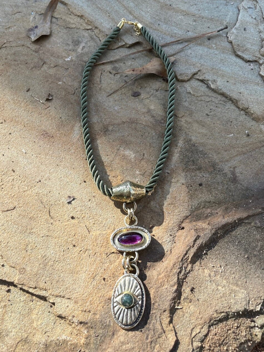 Amethyst Czech Glass And Moss Agate All Seeing Eye Rope Necklace Fossil and Hide 