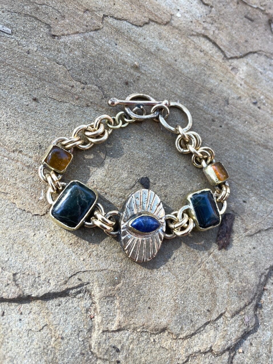 Lapis All Seeing Eye Bracelet with Dark Amber and Baltic Amber Fossil and Hide 