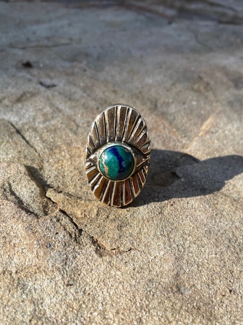 Copper Azurite Malachite All Seeing Eye Ring Fossil and Hide 